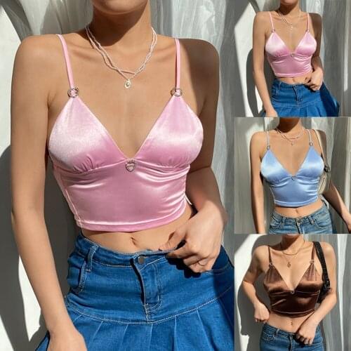 V Neck Sexy Sleeveless Satin Crop Tops Tees Summer Vintage Spaghetti Strap Camis Top Fashion Streetwear Party Backless Top Camis