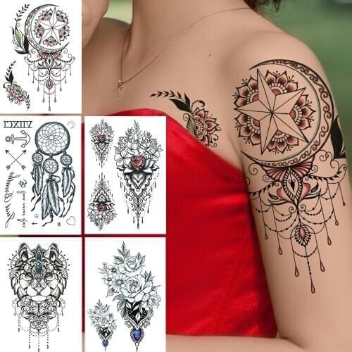 Star Dream Catcher Temporary Tattoos For Women Girls Fake Jewelry Wolf Tattoo Sticker Black Dreamcatcher Flower Tatto Realistic