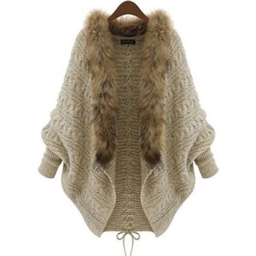Knitted Cardigan Women Femme 2020 Vintage Autumn Winter Knit Sweater Coat Warm Faux Fur Collar Oversized Cardigans Plus Size