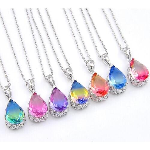 Women Rainbow Faux Tourmaline Water Drop Pendant Chain Necklace Jewelry Gift