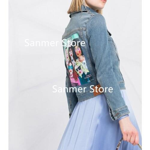 2021 New Women Denim Short Coat Tulip Embroidered Back Fashion Print Jacket Female Single-Breasted Long Sleeve Outwear Tops