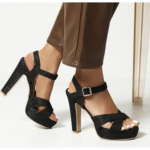 Big Size Womens Shoes 33-43 Fashion Buckle Bling Square High Heel Women Sandals Summer Open Toe Dress Platform Shoes