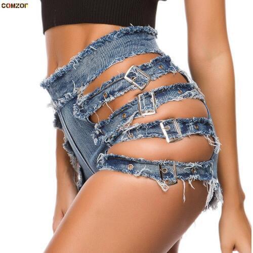 High waist women denim shorts hollow out sexy hole nightclub wear hot jeans short womens polo dance shorts pantaloncini donna