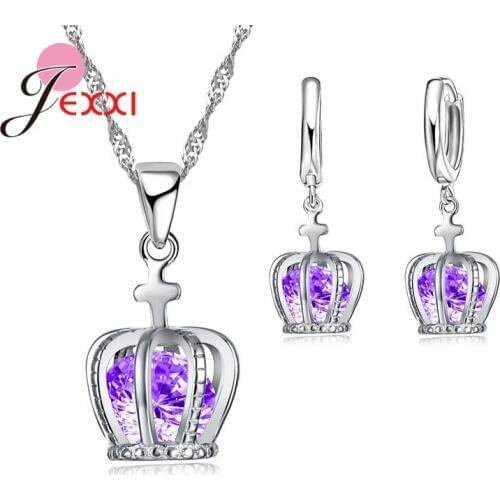 Woman Fashion Jewelry Sets Real Pure 925 Sterling Silver Cross Crown Pendant Necklace Korean Stylish Wedding Drop Earring