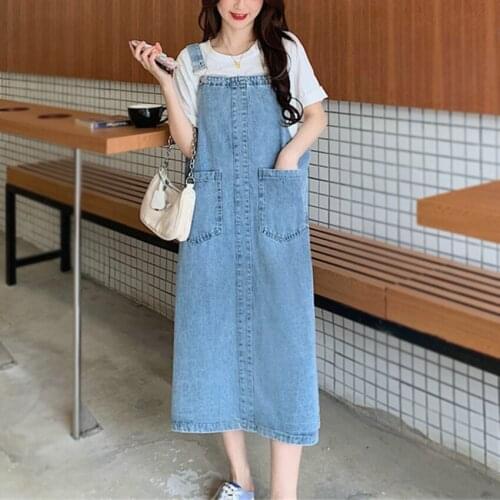 2021 Summer Denim Sundress Women Sleeveless Suspenders Dresses Female Loose Overalls Korean Fashion Jeans Dress Vestidos