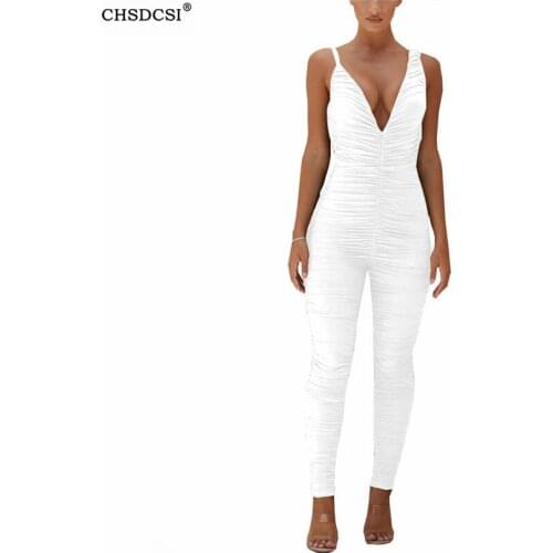 CHSDCSI Outfit Bodysuit White Sexy Jumpsuit Women Long Playsuit Casual Rompers Sleeveless Black Trousers Deep V Neck