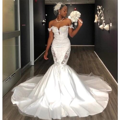 Plus Size Sexy Mermaid Wedding Dresses Bridal Gowns Off Shoulder Lace Appliques Keyhole Ruched Satin Elegant Robe De Mariee