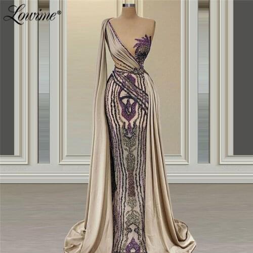 Lowime Dubai Glitter One Shoulder Evening Dress 2021 Customized Plus Size Long Prom Dresses Arabic Wedding Party Gowns Robes