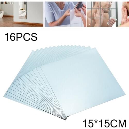 16pcs Square Mirror Adhesive Stickers PET Material Mirror Effect Tile Wall Stickers For Home Bathroom Wall Decoration 15cm*15cm