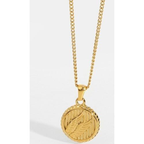 18K Gold Plated 316L Stainless Steel Winged Coin Pendant Medallion Necklace For Women Vintage Stackable Choker Jewelry
