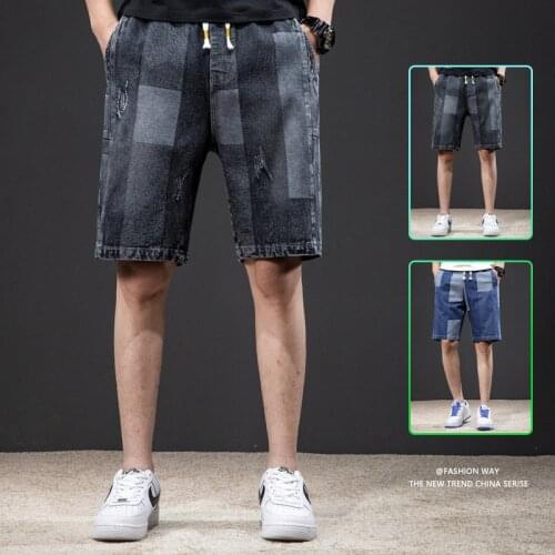 2021 Summer Mens Denim Knee Lenght Shorts Male Korean Style Stitching Casual Five-Point Pants Loose Straight Men Clothing M-8XL