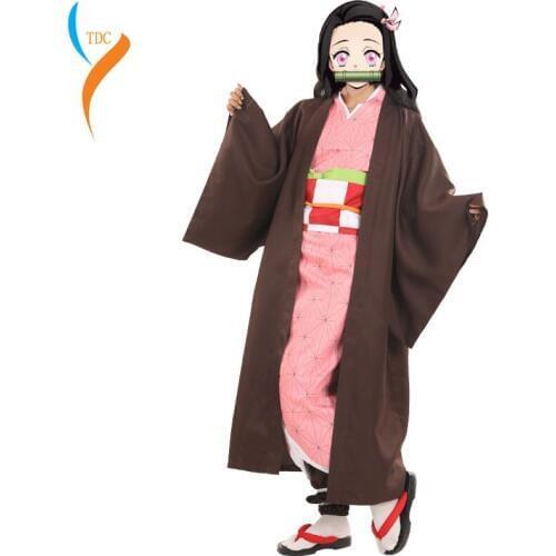 Anime! Demon Slayer: Kimetsu no Yaiba Kamado Nezuko Lovely Kimono Uniform Cosplay Costume Halloween Suit Any Size Free Shipping