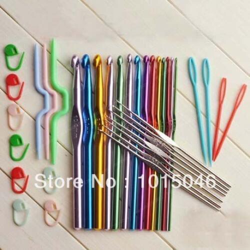 Free Shipping 1 Set Aluminum Crochet Hooks 22 Sizes Knitting Needles Tool Set With Storage Bag