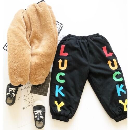 Tonytaobaby Childrens Wear Winter Boys and Girls Plush Color Letters Fashionable Style Warm and Versatile Black Casual Pants