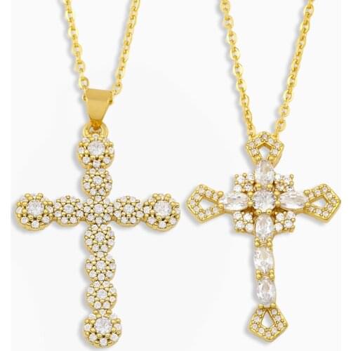 FLOLA White Stone Cross Necklace For Women Crystal Pendant Necklace Collar Bling CZ Gold Plated Jewelry Wholesale Gifts nket46
