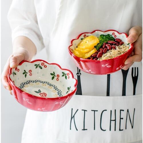 1pc Red Cherry Design Bowl Undergalzed Ceramic Salad Bowl Pasta Bowl Pudding Backing Bowl Microwave Safe Dinnerware