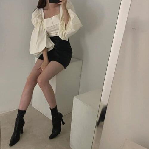 Korean Chic Elegant Square Collar Long Sleeve OL Women Blouses and A-Line PU High Waist Skirts Two Piece Sets