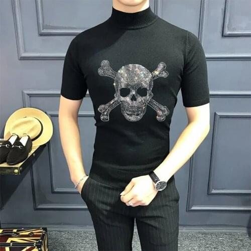 Trendy Mens Short Sleeve Sweater High Quality Wool Spring T-Shirt Knitted Crops Hot Diamond Fashion Harajuku Round Neck Kniwear