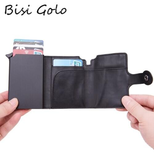 BISI GORO Men RFID Button Credit Card Holder High Quality Metal Aluminum Auto Pop-up RFID ID Card Case Black Wallet Coin Purse