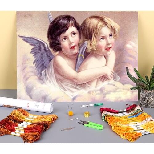Angel Kids Pre-Printed 11CT Cross-Stitch DIY Embroidery Full Kit DMC Threads Handicraft Handiwork Knitting Hobby Counted