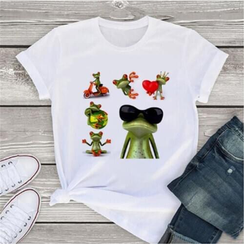LINNA New white Harajuku womens T-shirt fun frog pattern T-shirt modern womens T-shirt short sleeve T-shirt