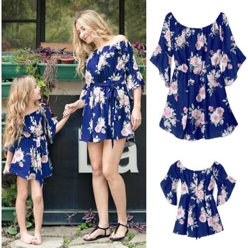 Family Matching Clothes European and American Style Flat Shoulder Print Ruffle Dress Mom and Daughter Fashion Dresses
