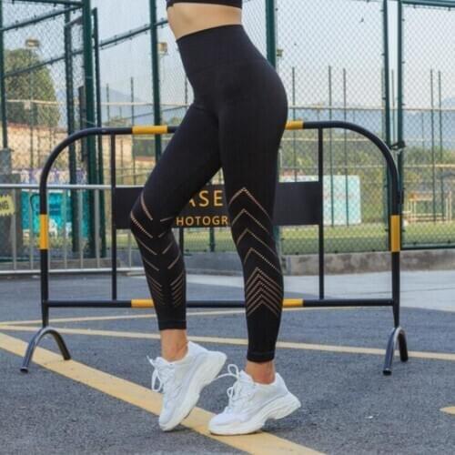 Solid Black Women Sport Pants Sexy Breathable Hollow Yoga Leggings High Elastic Gym Leggings Patchwork Hips Push Up Yoga Pants