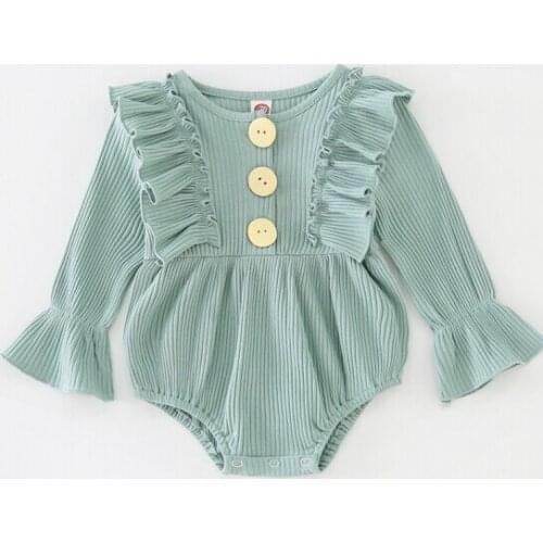 Baby Girl Solid Color Jumpsuit, Flare Sleeve O-neck Tops with Ruffle, Front Button Clothing for Autumn, Winter