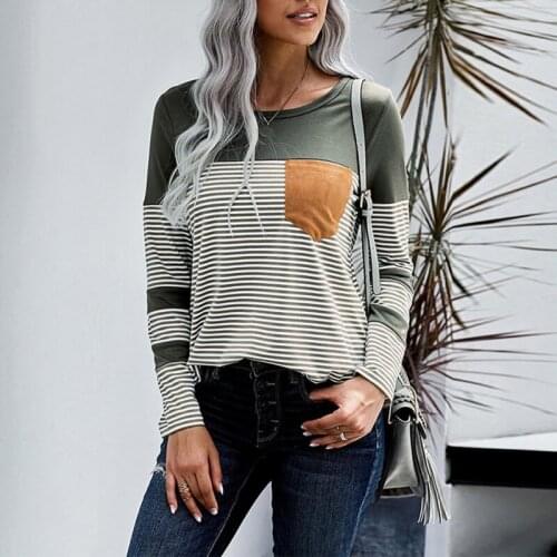 Autumn Top Women Long Sleeve T Shirt Striped Tops Tee Fashion Loose Female Contrast Color Tees with Pocket