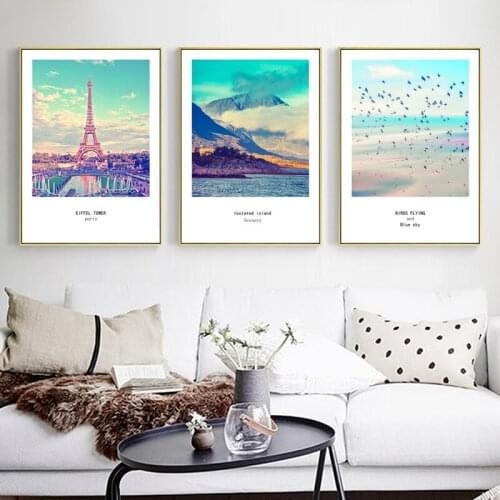 City Scenery Sunset Tower River Tree Seaside Rock Mountain Canvas Painting Wall Frameless Picture Poster Living Room Decoration