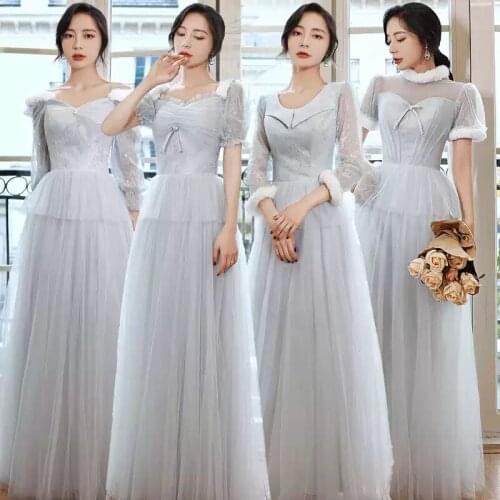 Bridesmaids Dresses Illusion V-Neck A-Line Tulle Lace Embroidery Floor-Length Off The Shoulder Gray Lady Wedding Party Gown E477