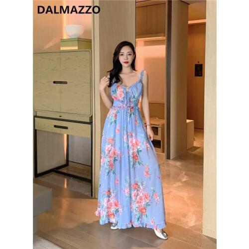Retro Chiffon Print Women V Neck Spaghetti Strap Leaky Back Long Dress 2020 Summer Lady Sleeveless Runway Holiday Beach Dresses
