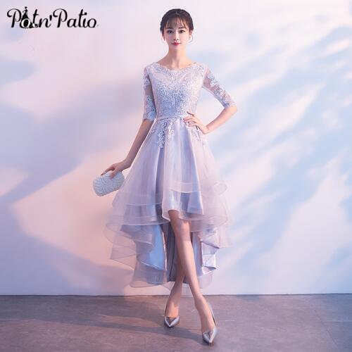 Silver Gray High Low Prom Dresses 2019 Short Front Long Back Lace Tulle Evening Gowns For Homecoming Party Plus Size Gala Dress