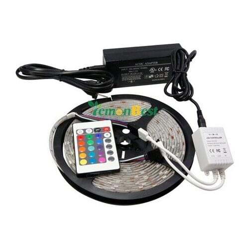 5M RGB led Strip 5050 SMD 60led/m Flexible non waterproof IP20 + 24key Remote + 12V Transformer For Home Decoration Freeshipping