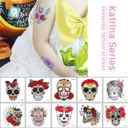 Rocooart Skull Flowers Tattoos For Kids Halloween Temporary Tattoo Sticker Waterproof Fake Tatoo Children Body Art Taty Tatuajes