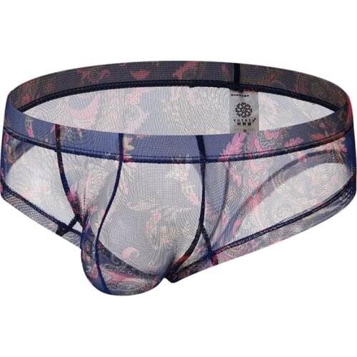 Mens Underwear Boxer Sexy Male Panties Gay Mens Bikini Transparent Samll Boxer Bohemia Style Printed Underpants See Through