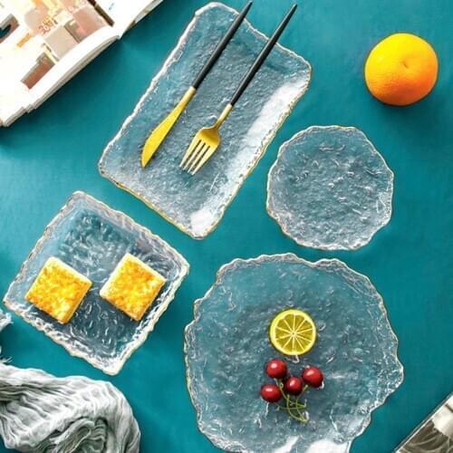 Creativity Weird Ice Dew Series Tableware Gold Painting Irregular Shape Hammer Tattoo Salad Sushi Pastry Tempura Plate Dish