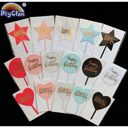 Happy Birthday Cake Decoration Acrylic Topper Color Heart Star Shape Card Cupcake Flag For Birthday Party Baking Supplies Tools
