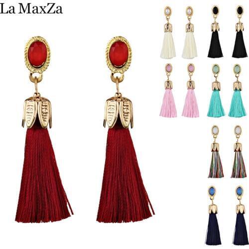 Vintage Natural Stone Earrings Metal carved Long Tassel Earrings Drop Boho Earrings Bohemian Women Jewelry 7 color