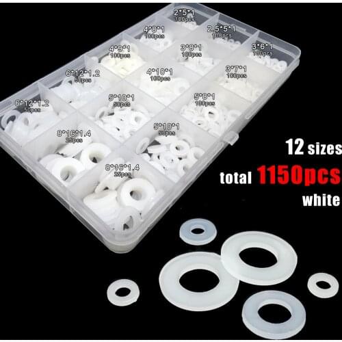 Total 1150pcs M2 M2.5 M3 M4 M5 M6 M8 White Black Plastic Nylon Flat Washer Plain Insulation Gasket Ring Assortment Kit Set