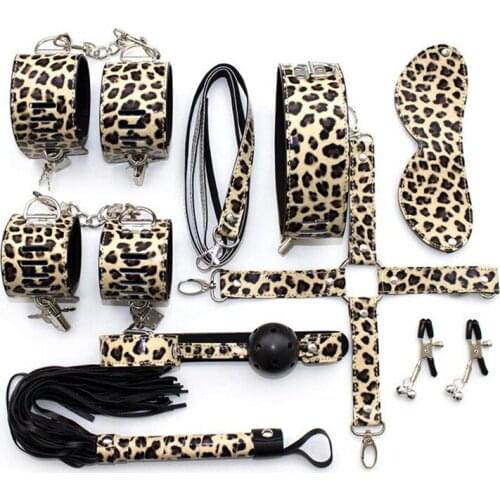 Adult Games Leopard Print 8 Pcs/Set PU Leather Bondage Restraints Handcuffs Gag Whip Blindfold Erotic Toy Sex Toys For Couples