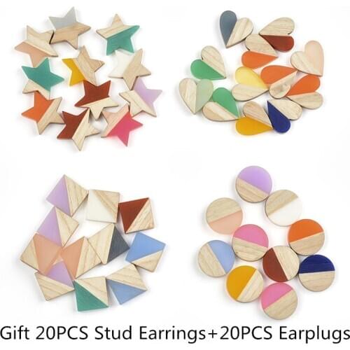 20PCS Square Round Star Heart Jewelry Accessories Natural Wood Resin Stick Shape DIY Earrings Making Hand Made Earring Findings