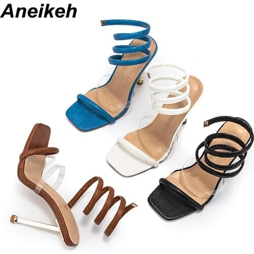 Aneikeh 2021 Women Shoes TOTEM Narrow Band New Sandalias De Las Mujeres Fashion Sexy Squared Toe Thin Heels Sandals Size 35-42