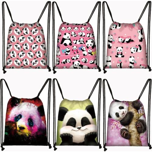 Kawaii Panda Drawstring Bags Women Casual Backpack Canvas Storage Travel Bags Girls Daypack Bookbag Ladies Shoes Holder Gift