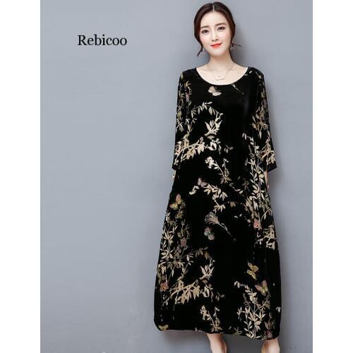 Large size Gold velvet flower print dress Women Spring autumn New Elegant Vintage middle-aged mother dress