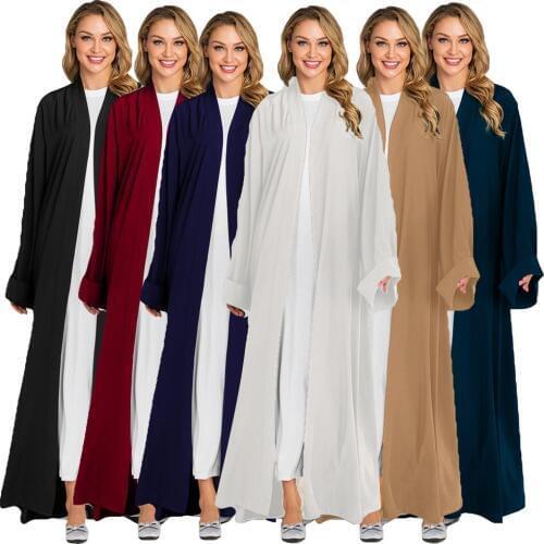 New Open Front Cardigan Dubai Kimono Abaya Maxi Dress Muslim For Women Solid Color Long Sleeve Arab Robe Gown Middle East Dress