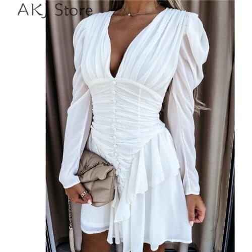 Women Sexy V-Neck Ruffles Ruched Long Sleeve A-Line Dress