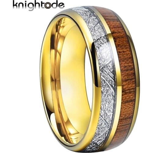 8mm Gold Tungsten Carbide Wedding Band White Meteorite/Koa Wood Inlay Men Women Fashion Jwelry Lovers Ring Dome Polished Comfort