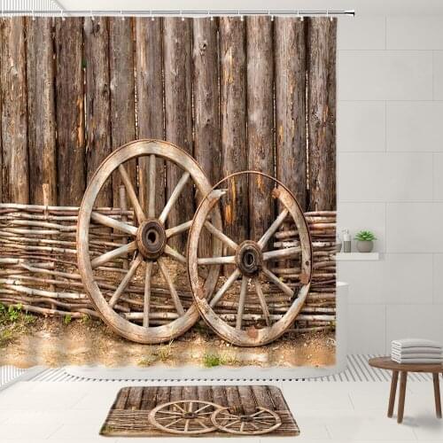 Retro Wooden Wheel Bathroom 2Pcs Shower Curtain Bathtub Screen Set With Hooks Restroom Kitchen Bedroom Flannel Non-Slip Carpets