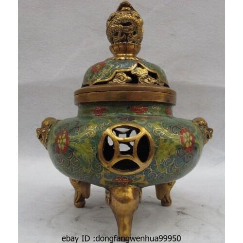 9 China Brass Copper Cloisonne Dragon Fu Foo Dog Lion Ear Incense Burner Censer